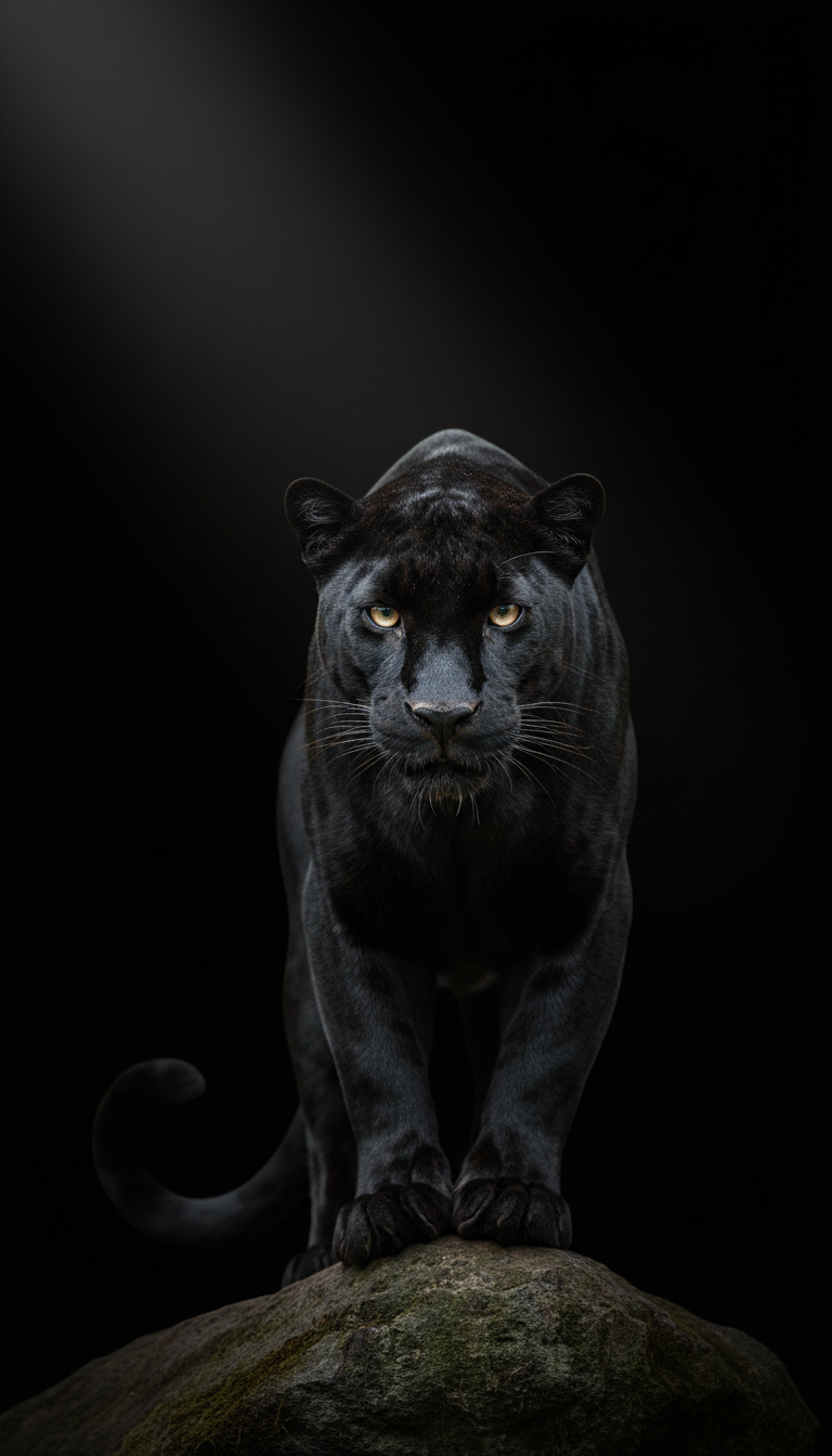 깊은 검은색 배경에 스포트라이트를 받아 빛나는 위엄 있는 검은 표범의 강력한 자세.