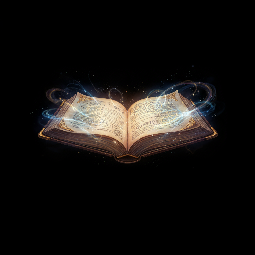 검은 배경의 열려있는 빛나는 고대 서적.
