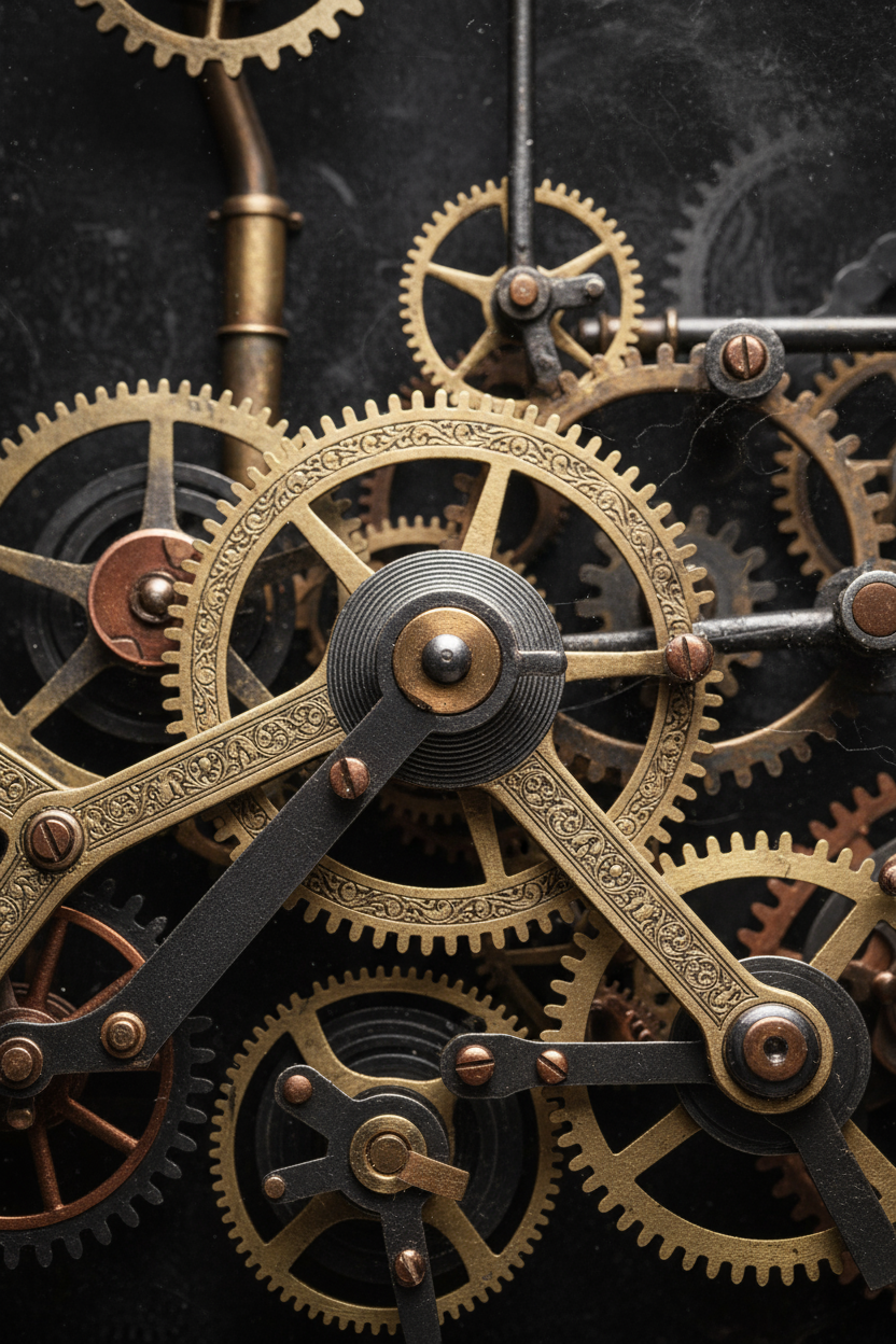 검은 배경에 있는 정교한 시계 태엽.
