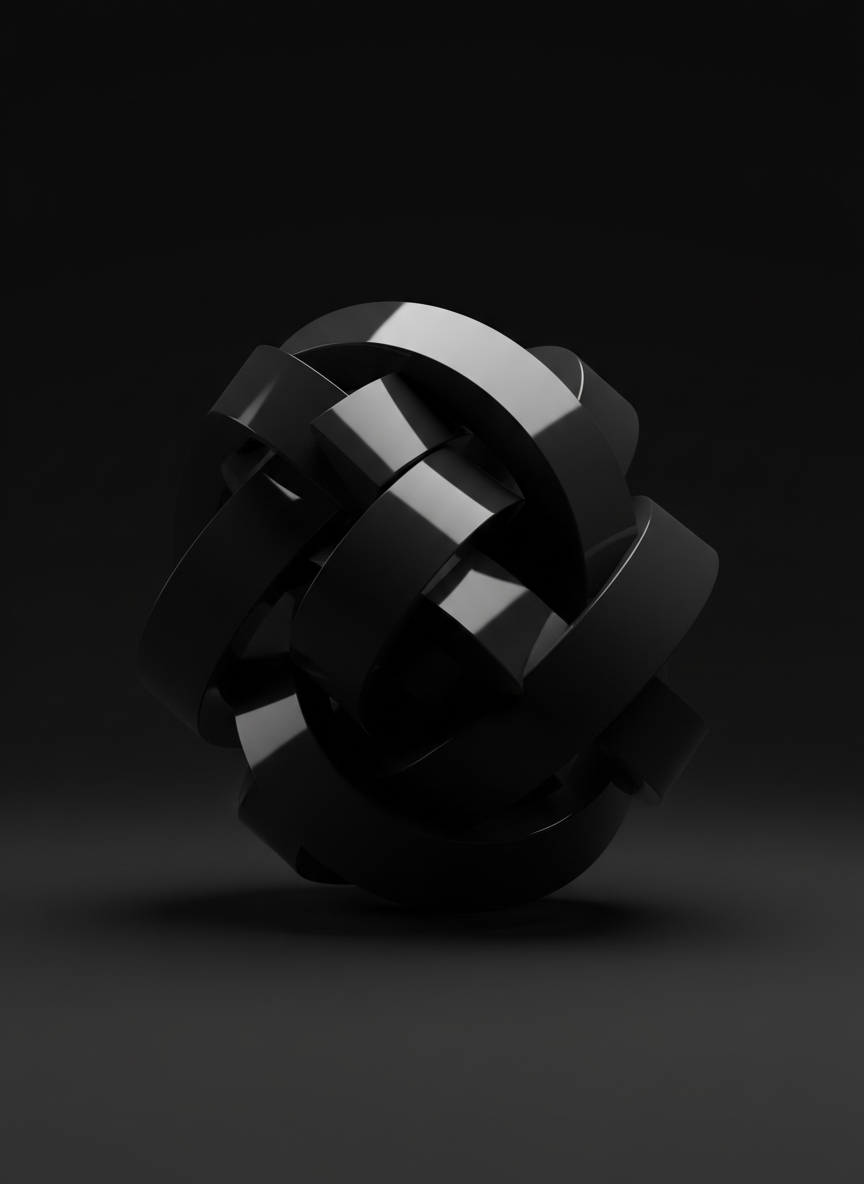 검은 배경의 서로 맞물린 검은 기하학적 도형.