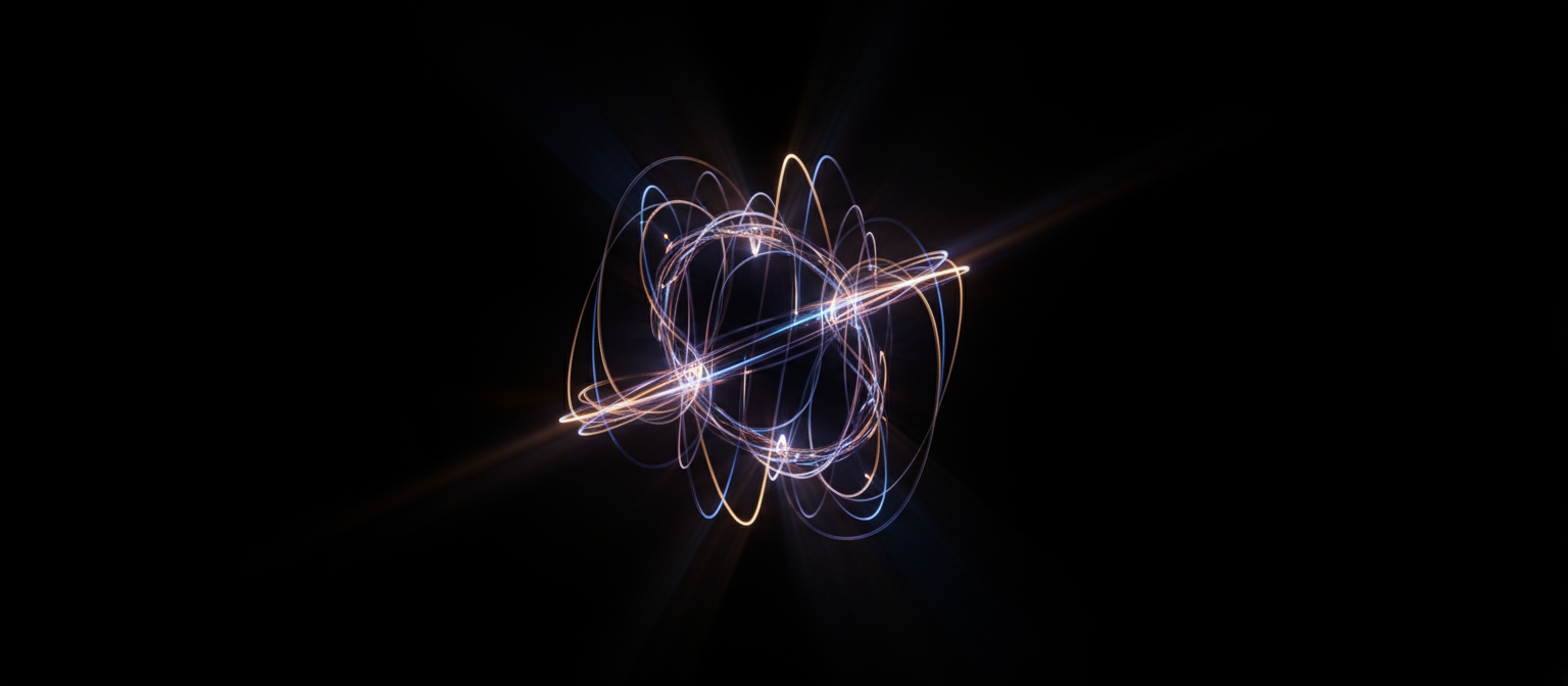 검은 배경에 빛나는 추상 조형물.