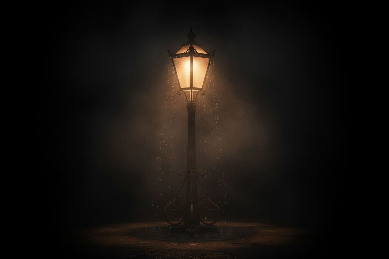 검은 배경의 안개 낀 앤티크 가로등.