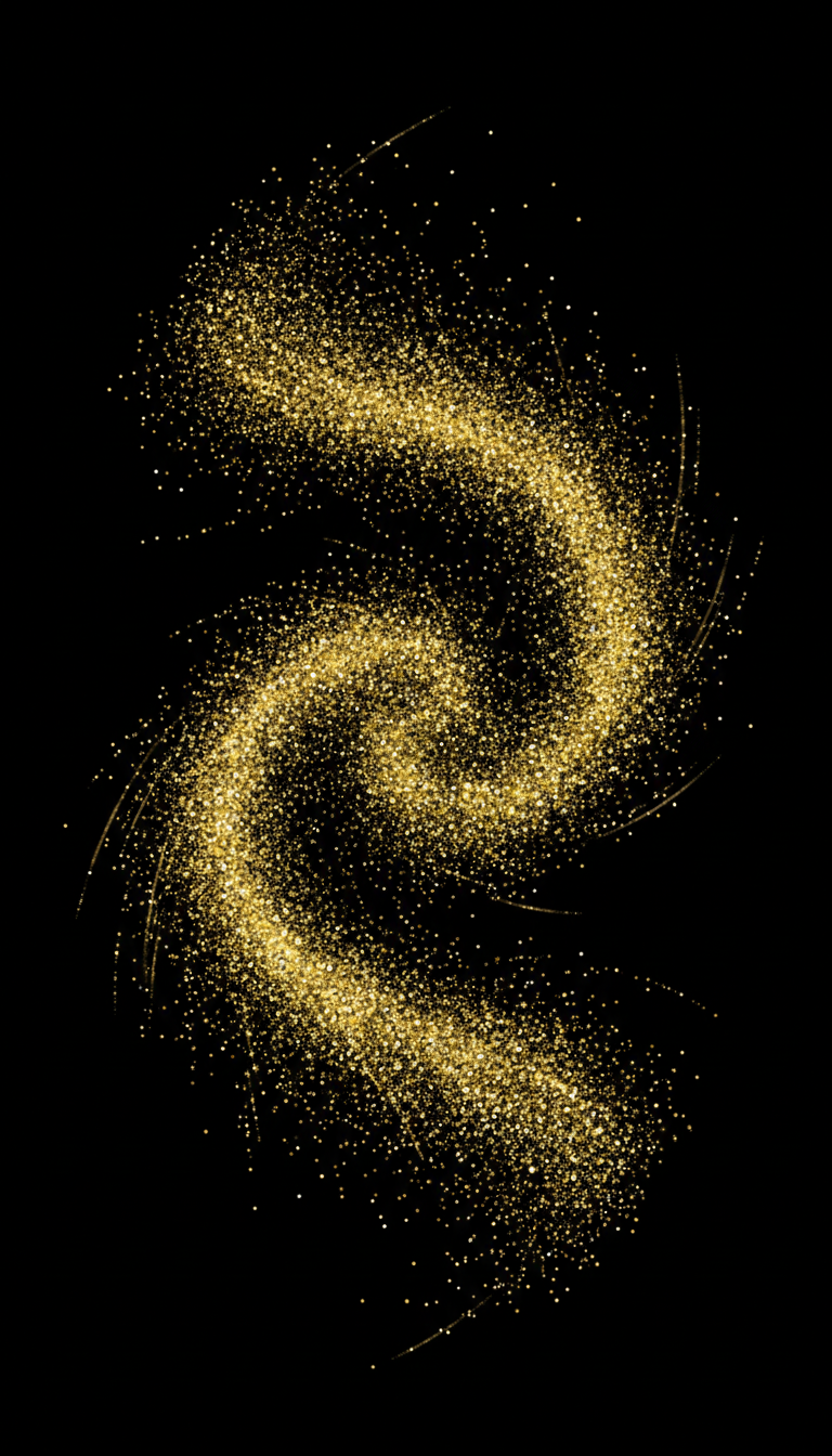 검은 배경에 소용돌이치는 금빛 반짝이 입자.