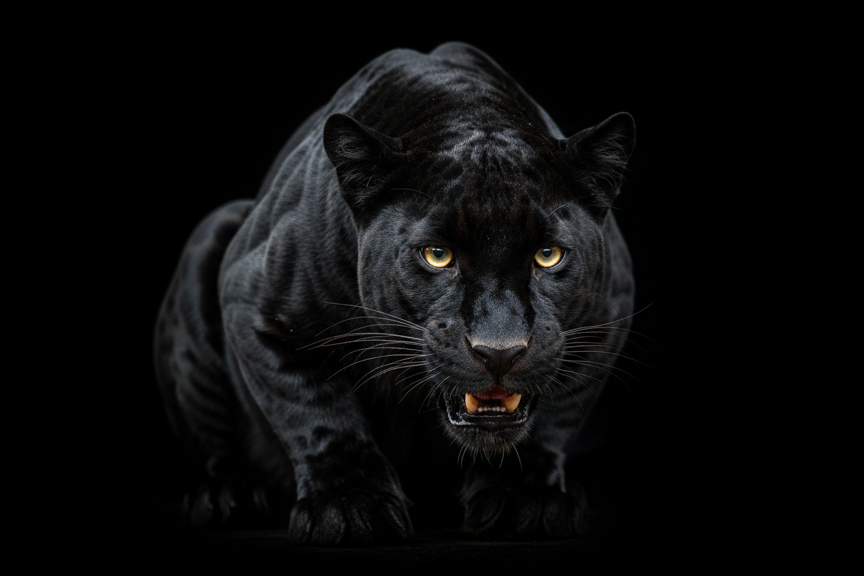 검은 배경에 강렬하게 빛나는 황금색 눈을 가진 검은 표범.
