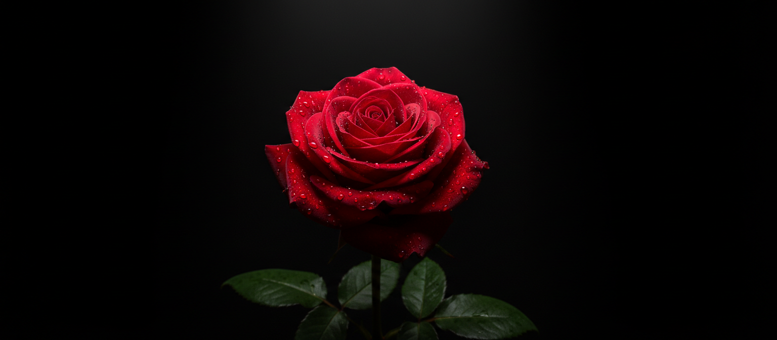 드라마틱하게 조명된 검은 배경의 고독한 붉은 장미와 물방울.