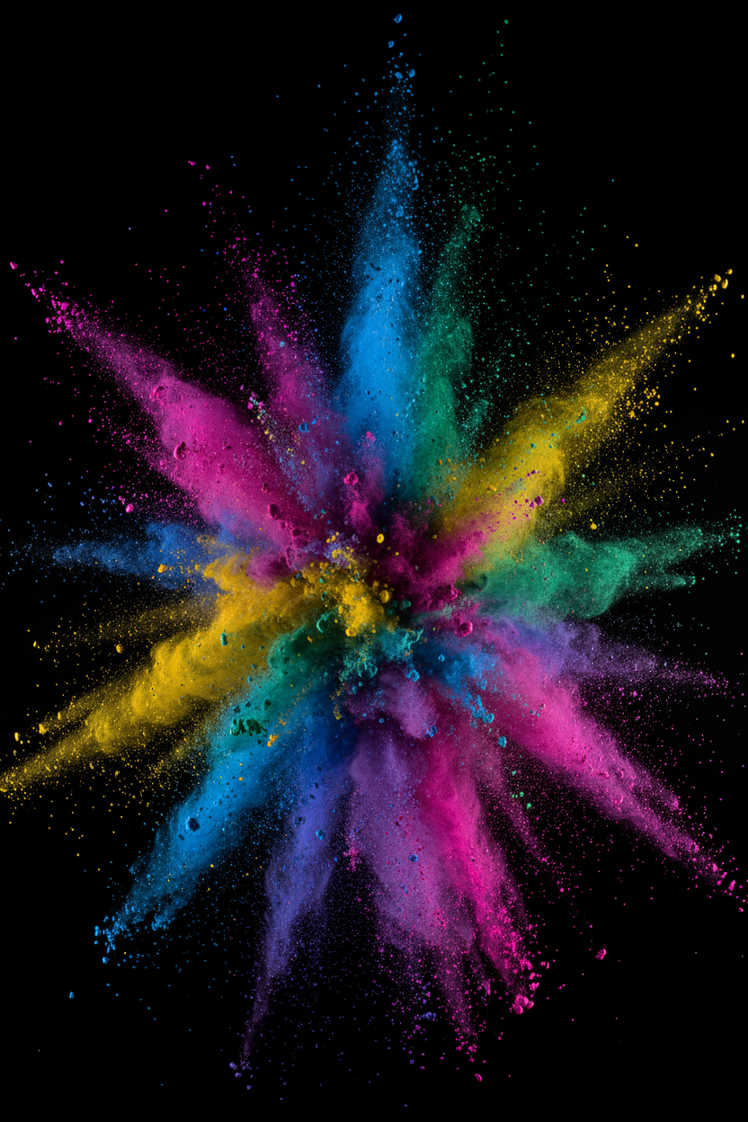 선명한 검은색 배경에 공중에 흩날리는 다양한 색상의 가루 염료 폭발.