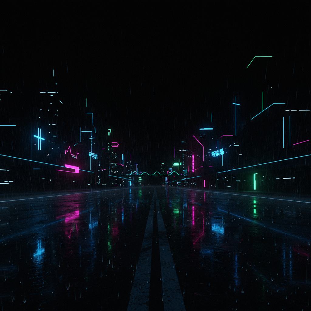 검은 배경에 네온 빛 사이버펑크 도시 실루엣.