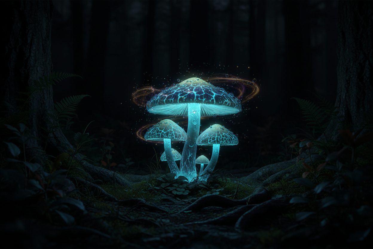 검은 배경에 빛나는 발광 버섯.