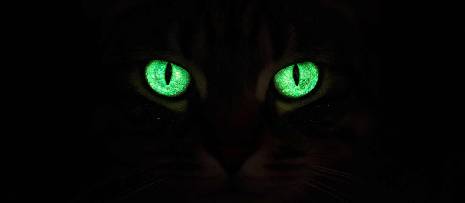 검은 배경에서 빛나는 녹색 고양이 눈.