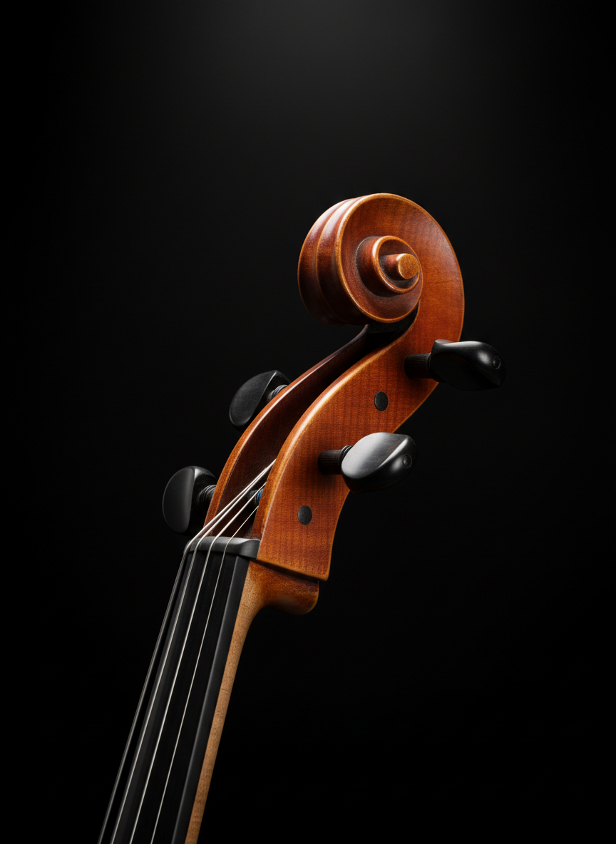 깊은 검은색 무대 배경에 부드러운 스포트라이트를 받은 첼로의 스크롤.