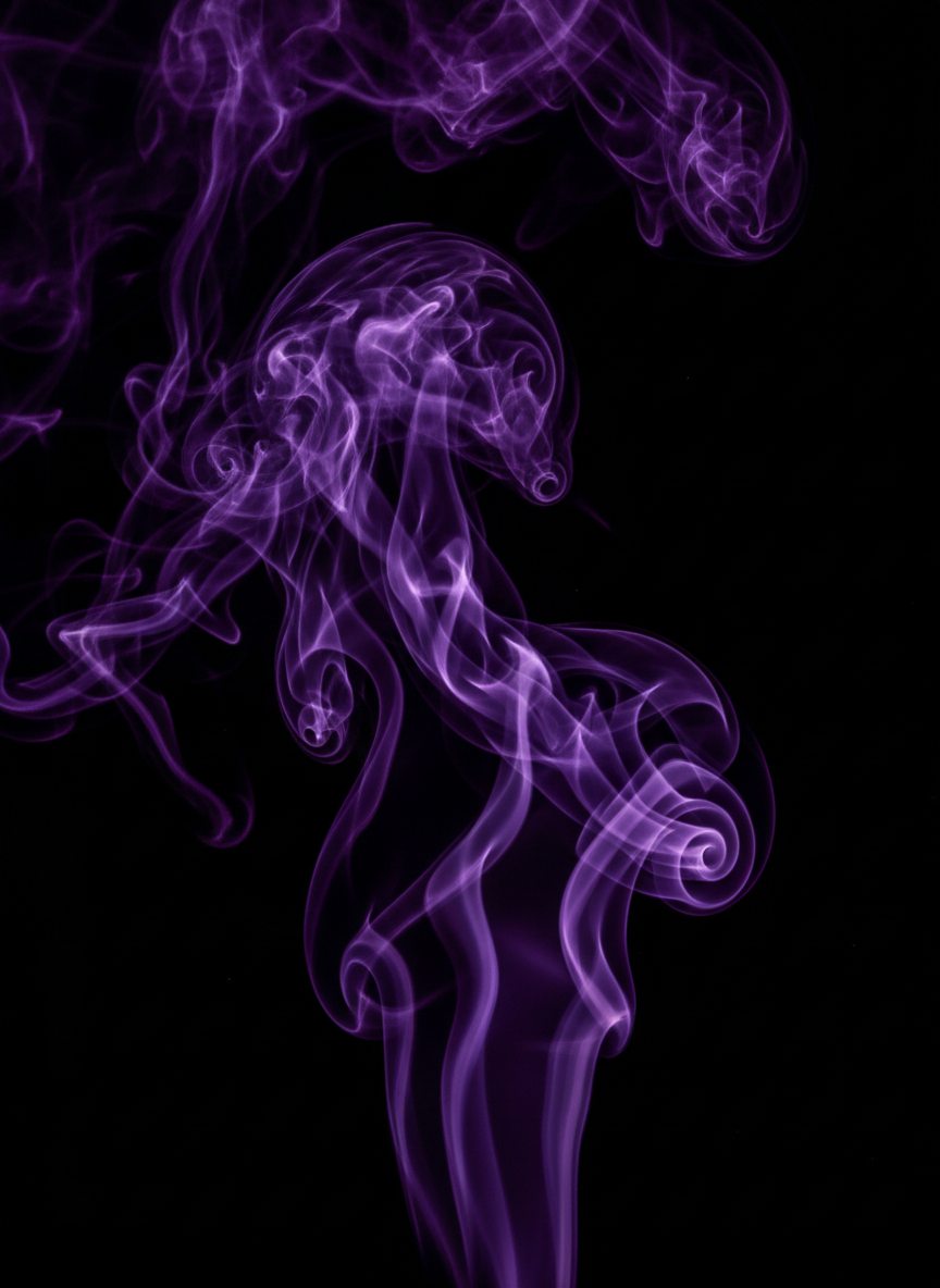 검은 배경에 피어오르는 보라색 연기.