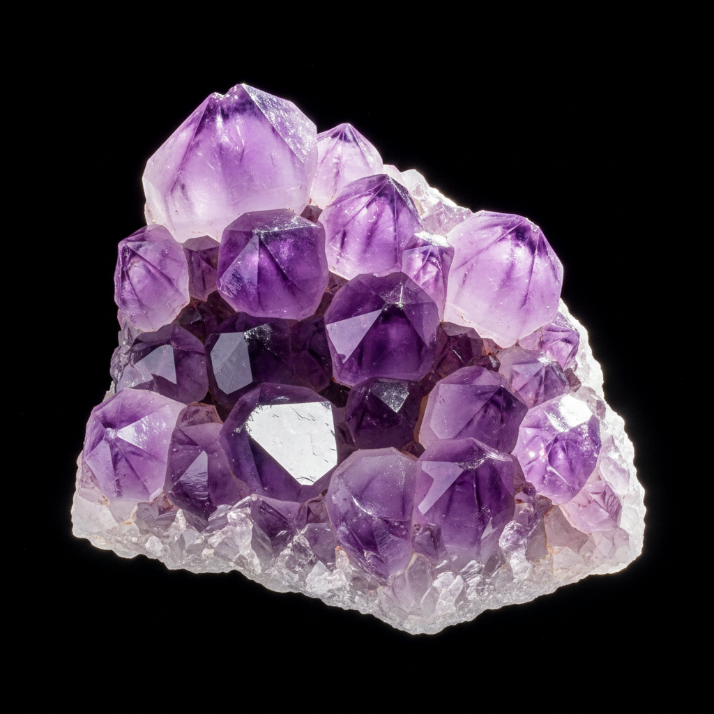 검은 배경에 빛나는 자수정 결정 덩어리.