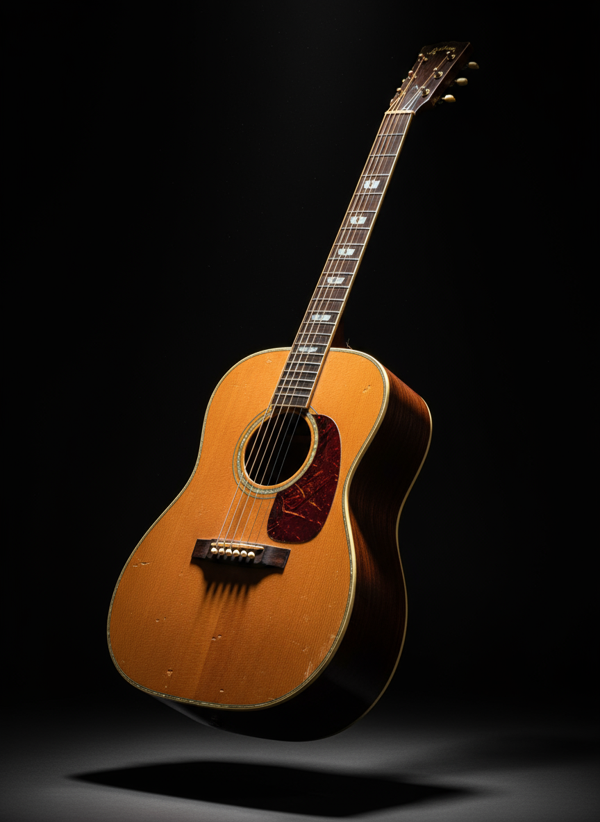 검은 배경에 스포트라이트를 받은 빈티지 통기타.