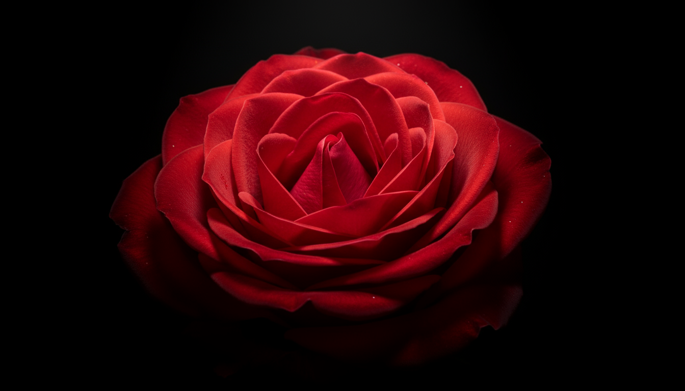 검은 배경에 조명으로 비춘 붉은 장미.