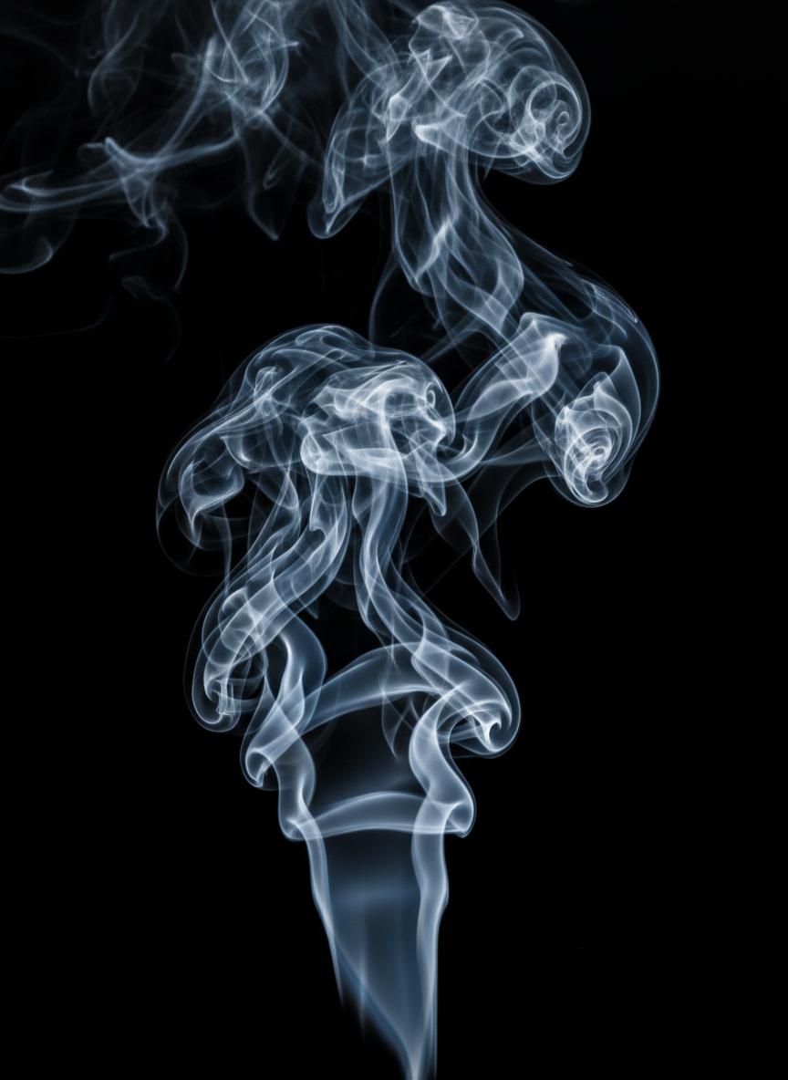 깊은 검은 배경에 우아하게 피어오르는 흰색 연기의 추상적인 형태.