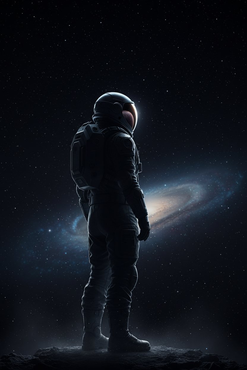 검은 배경의 우주에 있는 우주비행사 실루엣.