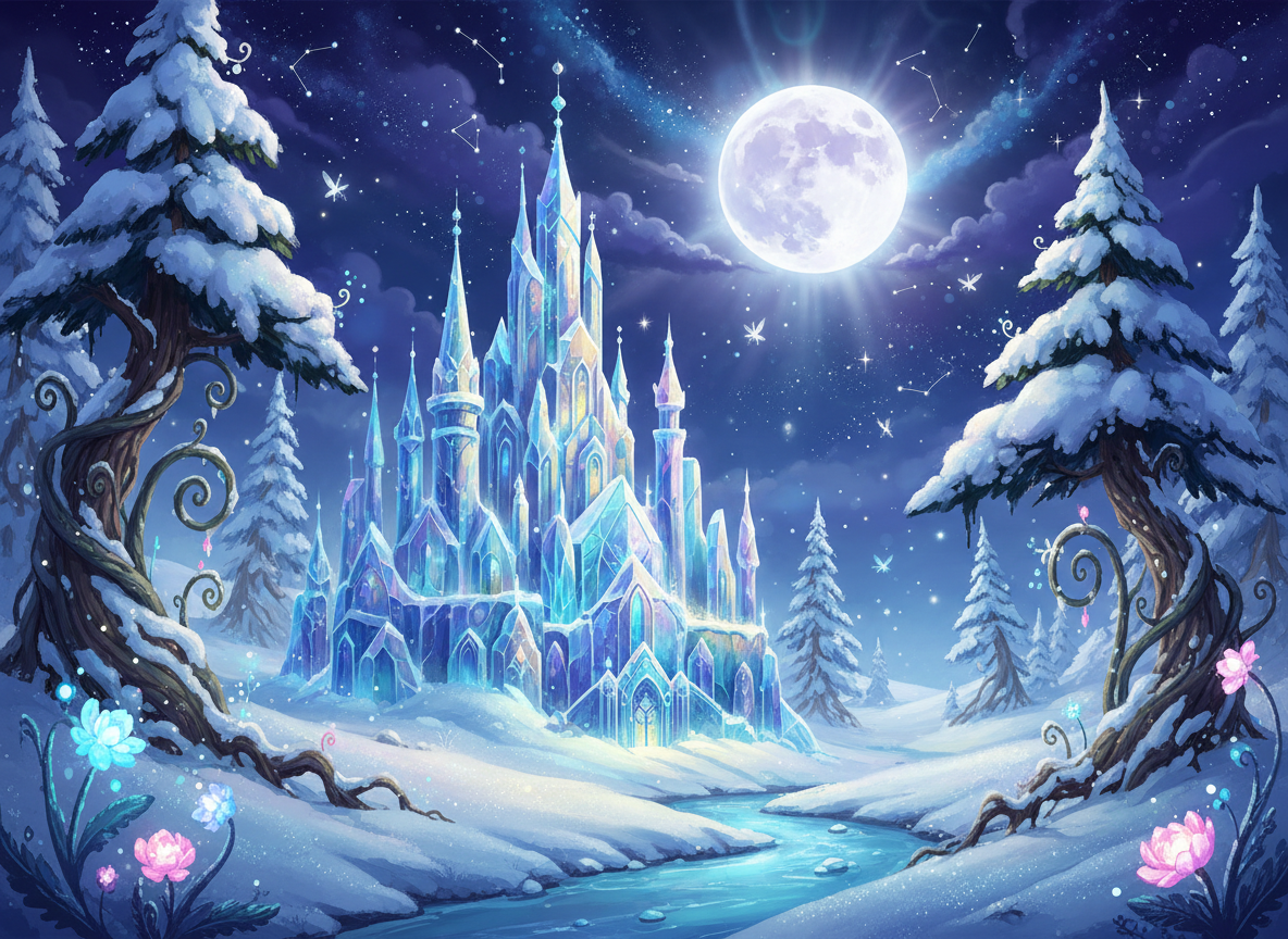 보름달 아래 빛나는 얼음 궁전이 있는 마법 같은 겨울 판타지 일러스트.