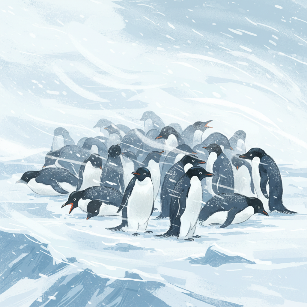 눈보라 속에서 옹기종기 모여 있는 펭귄 무리, 얼음같이 차가운 파란색과 흰색 톤으로 표현된 역동적인 동물 겨울 일러스트.