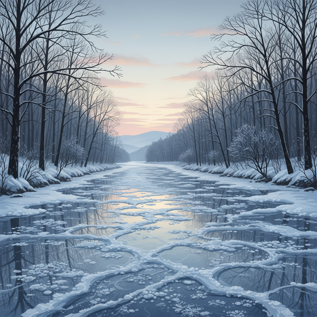 복잡한 얼음 문양으로 뒤덮인 얼어붙은 강, 앙상한 나무들에 둘러싸여 있으며 맑고 차가운 아침 햇살이 비추는 사실적인 풍경의 겨울 일러스트.