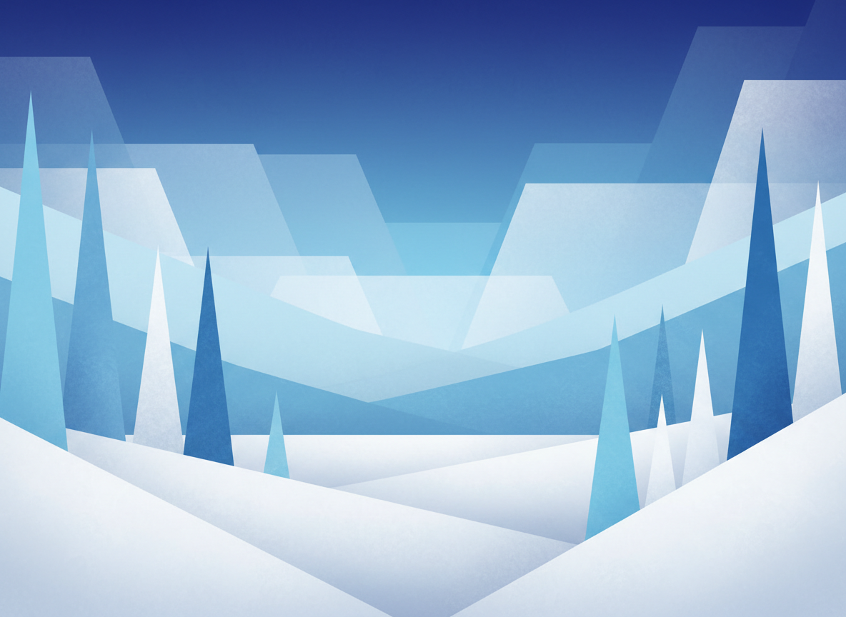 눈, 나무, 하늘을 기하학적인 형태로 표현한 추상적인 겨울 풍경, 시원한 파란색과 흰색 색상의 현대적인 겨울 일러스트.