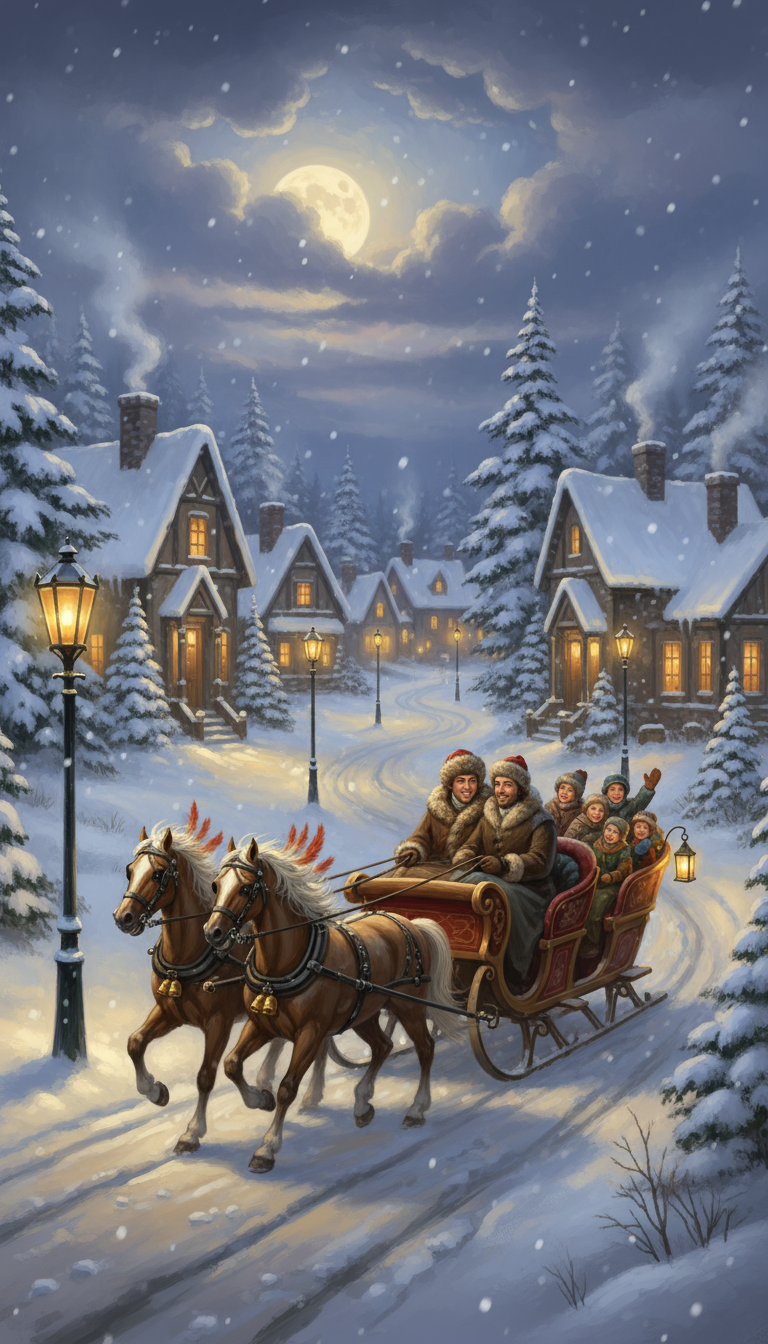 가로등 불빛이 비치는 눈 덮인 마을을 지나는 빈티지 썰매, 부드러운 초점과 향수를 불러일으키는 그림 스타일의 겨울 일러스트.