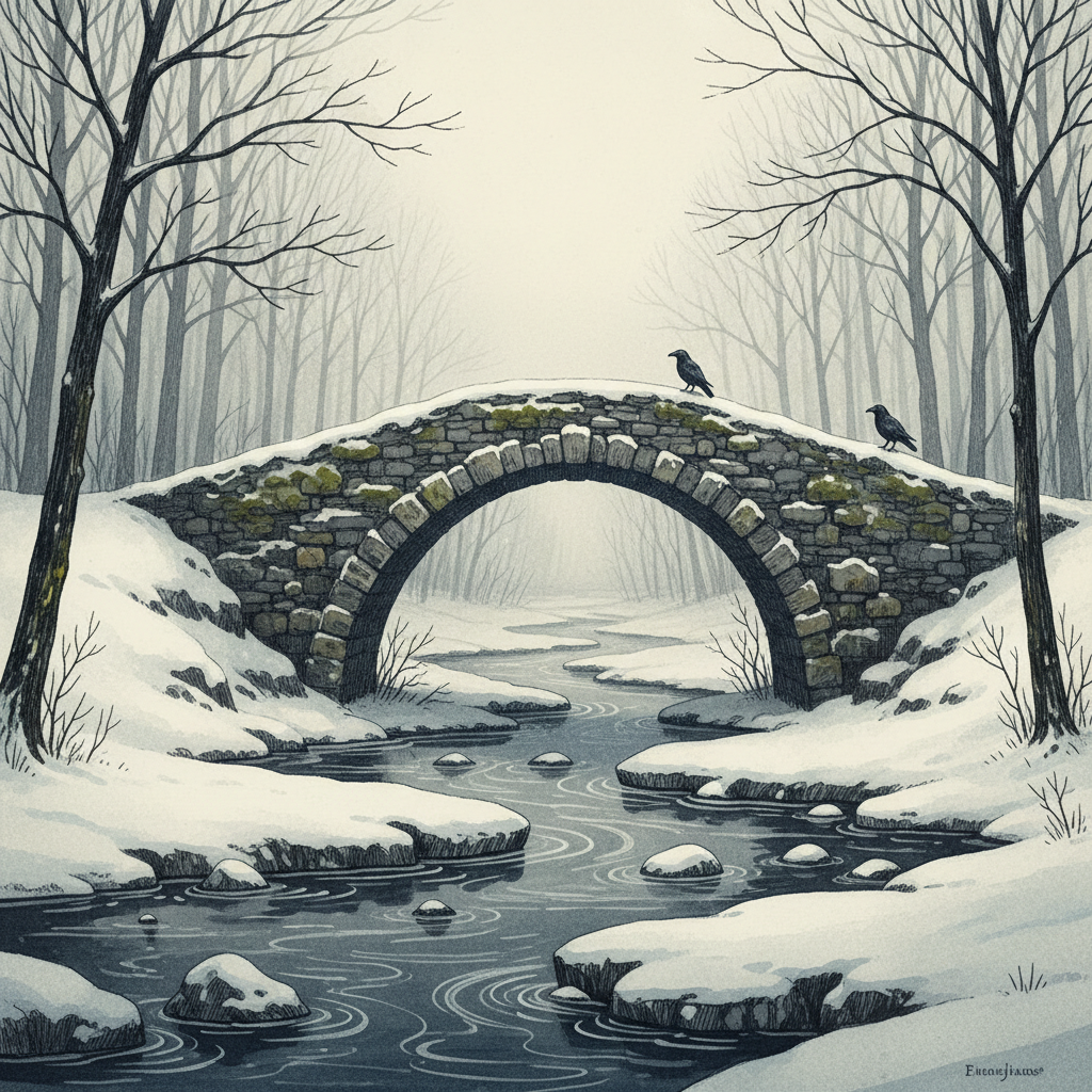 눈 덮인 오래된 돌다리가 부분적으로 얼어붙은 시냇물을 가로지르고, 안개가 자욱한 미스터리한 다크 아카데미아 풍의 겨울 일러스트.