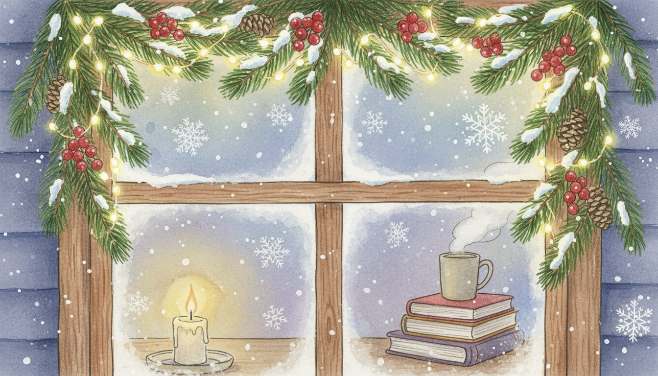 소나무 가지와 베리, 요정 전구로 장식된 아늑한 겨울 창문 일러스트.