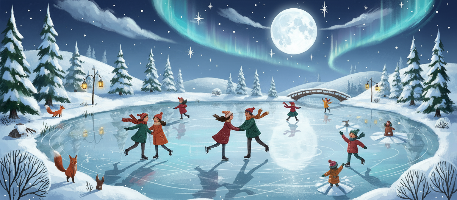 눈 덮인 소나무 숲에 둘러싸인 얼어붙은 호수에서 스케이트를 타는 사람들, 달빛이 얼음에 반사되는 축제 분위기의 겨울 일러스트.