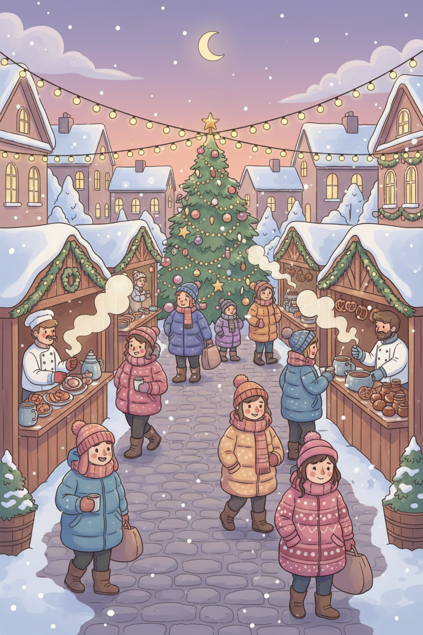 작은 나무 가판대, 두터운 코트를 입은 사람들, 축제 조명, 음식 판매대에서 나오는 따뜻한 김이 있는 아늑한 겨울 시장 풍경, 카툰 스타일의 활기찬 겨울 일러스트.