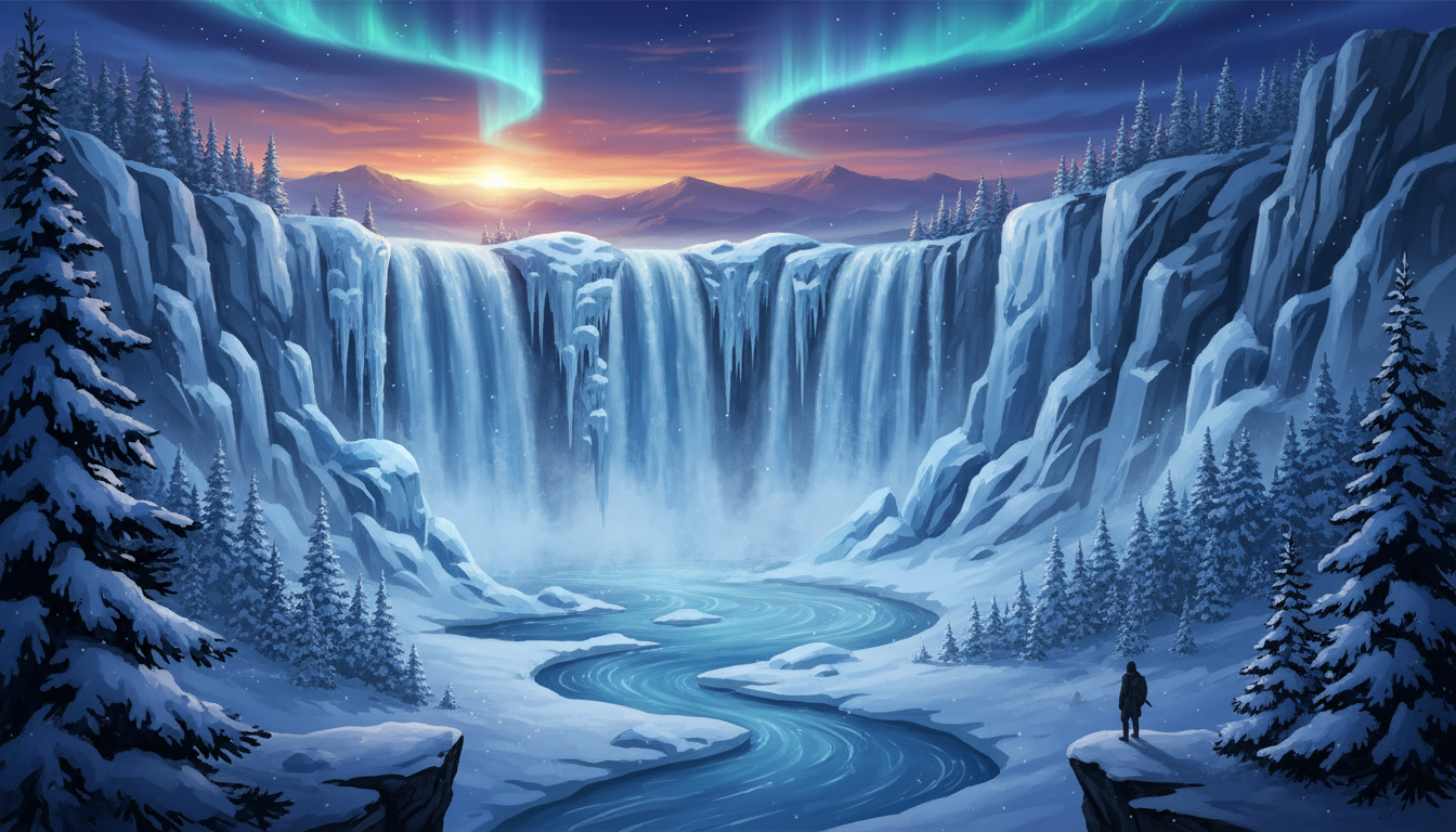 얼음 절벽에 둘러싸인, 일부가 얼어붙은 폭포의 웅장한 겨울 야생 풍경 일러스트.