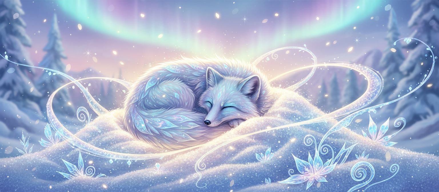 반짝이는 눈 더미에 웅크리고 잠든 신비로운 북극 여우, 부드러운 빛과 몽환적인 분위기의 겨울 일러스트.