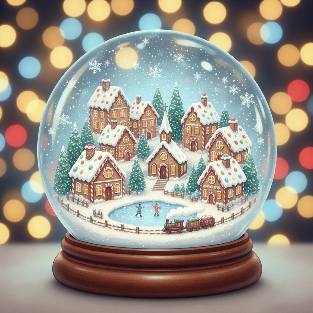 미니어처 겨울 마을 풍경이 담긴 투명한 스노우볼 일러스트, 섬세한 눈송이가 구슬 안에서 흩날린다.
