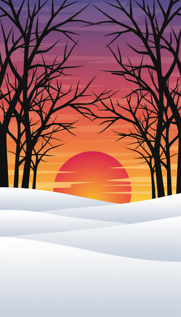 선명한 겨울 일몰을 배경으로 한 나무 실루엣의 모던 그래픽 일러스트.