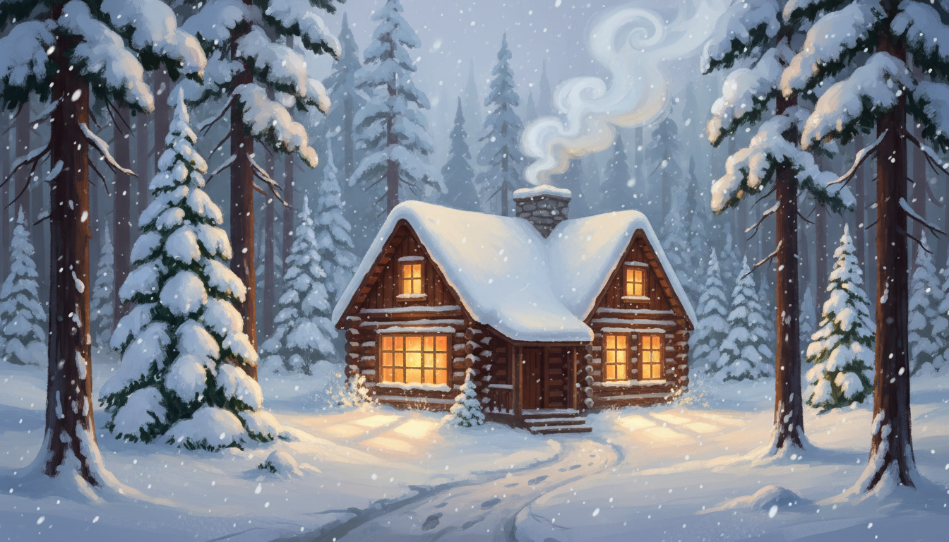 눈 덮인 겨울 숲 속에 자리한 아늑한 오두막집, 따뜻한 빛이 창문에서 새어 나와 편안함을 더하는 일러스트.
