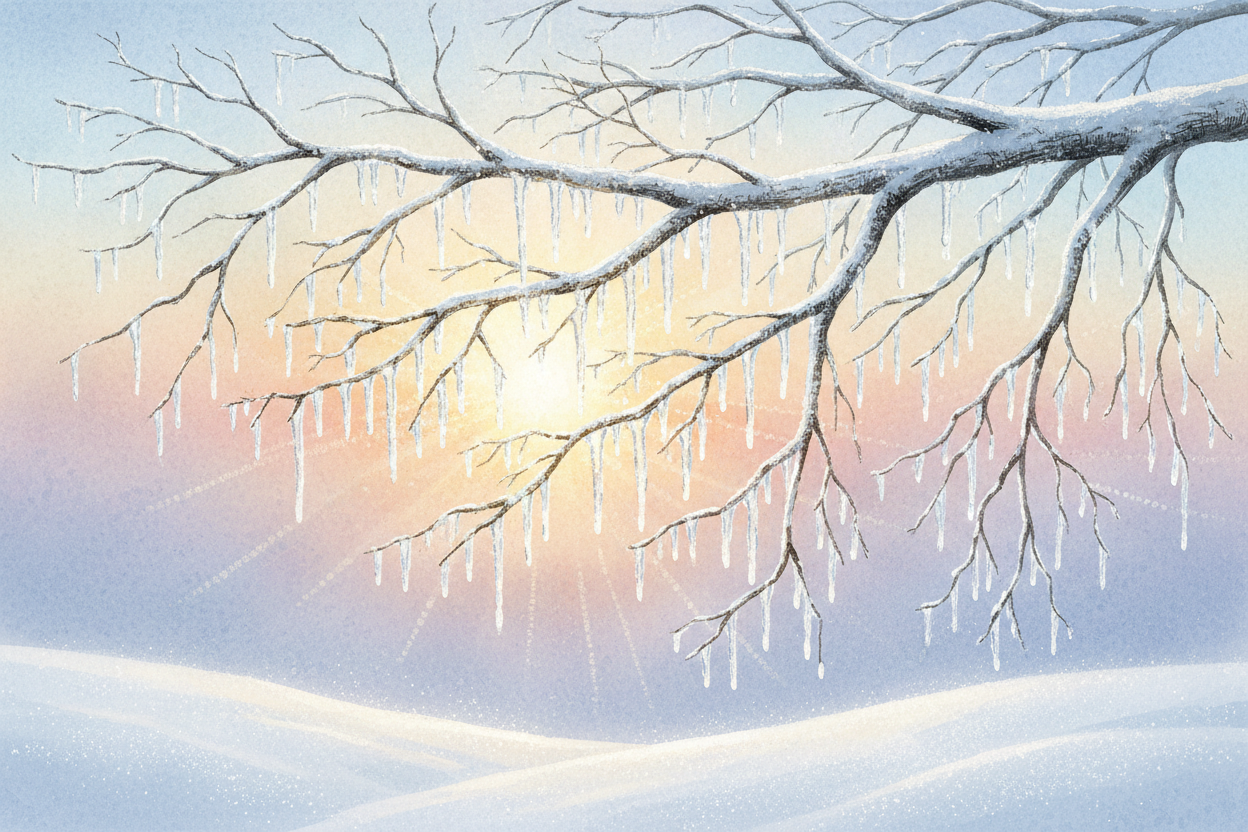 앙상한 나뭇가지에 매달린 섬세한 고드름이 이른 아침 햇살에 찬란하게 반짝이는 사실적인 겨울 일러스트.