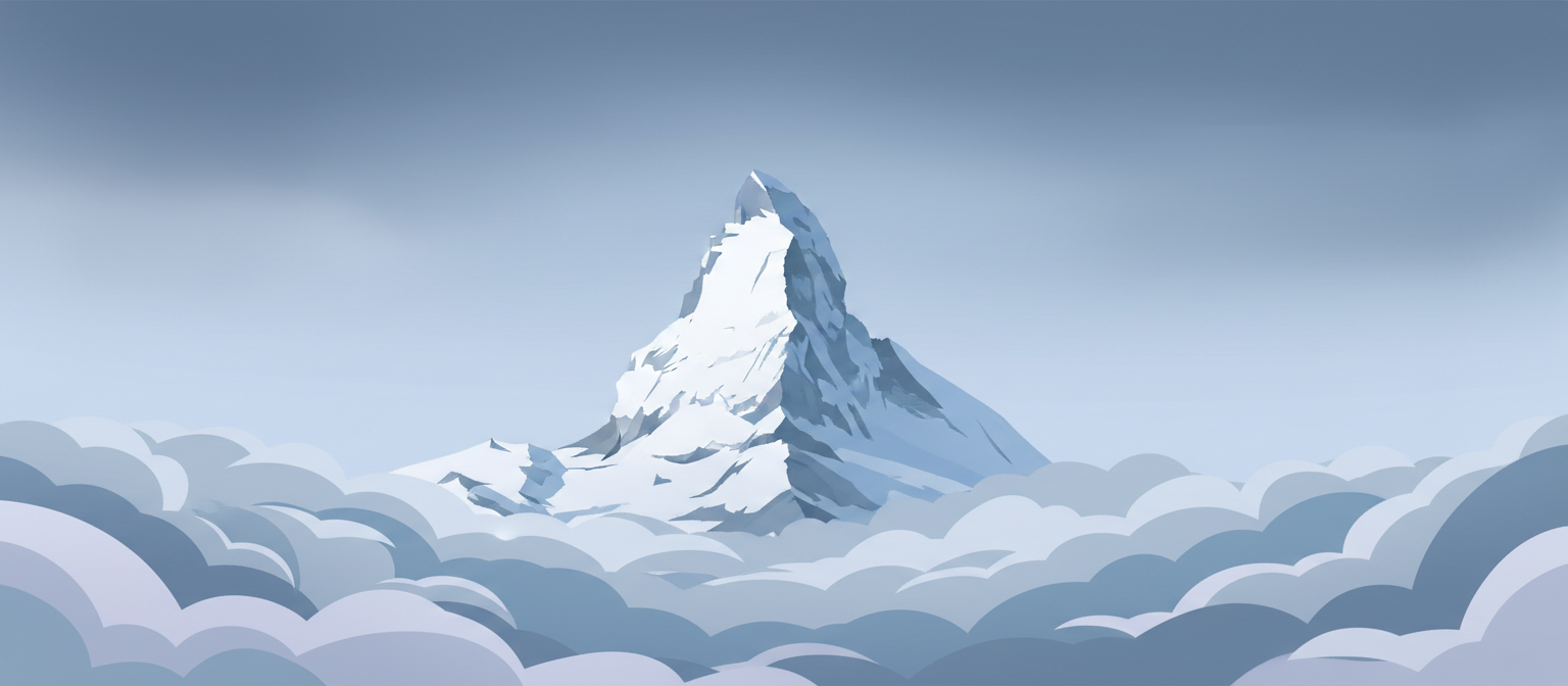 구름 낀 겨울 하늘을 뚫고 솟아 있는 고독한 설산 봉우리의 웅장하고 미니멀한 일러스트.