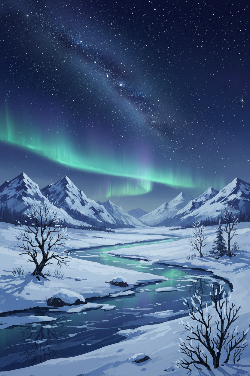 오로라가 보이는 눈 덮인 풍경 위로 별이 빛나는 겨울밤의 회화적 일러스트.