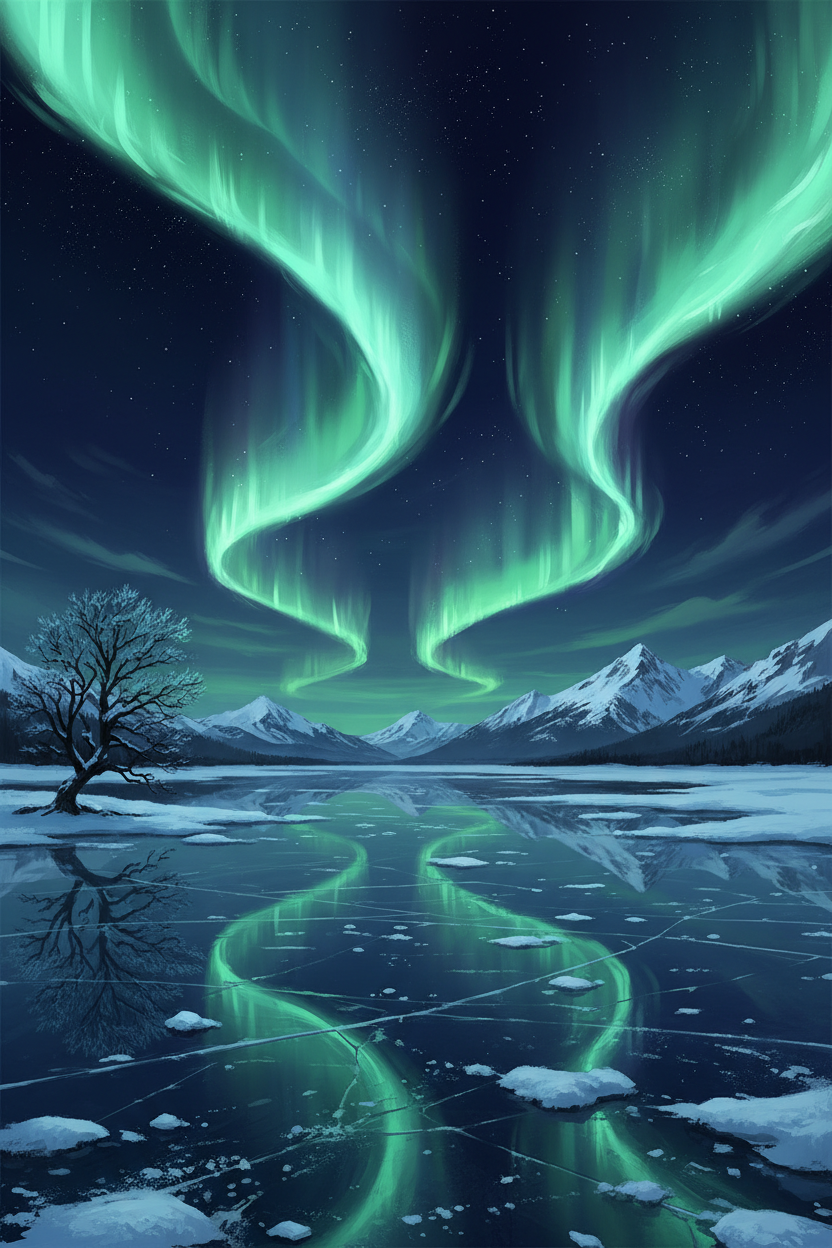 설산과 꽁꽁 얼어붙은 호수 위로 오로라가 찬란하게 빛나는 숨 막히는 겨울 일러스트.