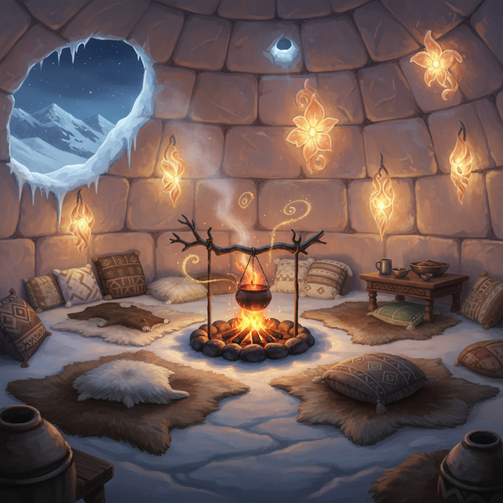 빛나는 얼음 램프, 아늑한 동물 가죽 깔개, 작게 타오르는 불꽃이 있는 따뜻한 이글루 내부, 환상적인 일러스트 속 매력적인 겨울 피난처.