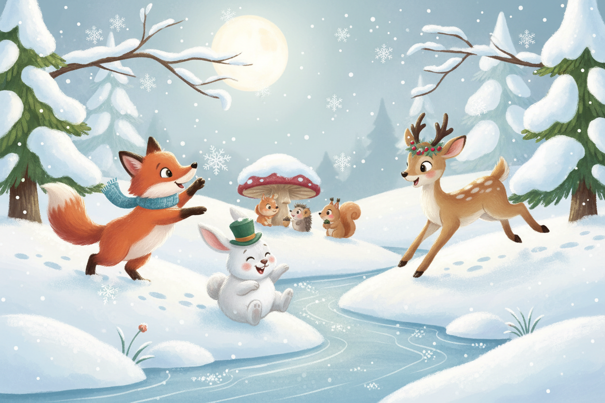 부드러운 눈이 내리는 겨울 풍경 속에서 즐겁게 어울리는 숲속 동물들(여우, 토끼, 사슴)의 환상적인 일러스트.