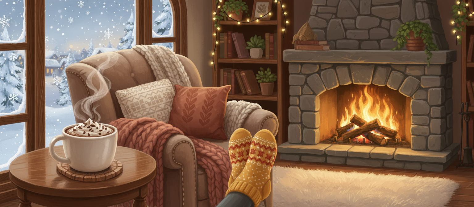 활활 타오르는 벽난로 옆 따뜻한 핫 초콜릿 한 잔이 놓인 아늑한 실내 풍경, 겨울의 포근함을 느끼게 하는 일러스트.