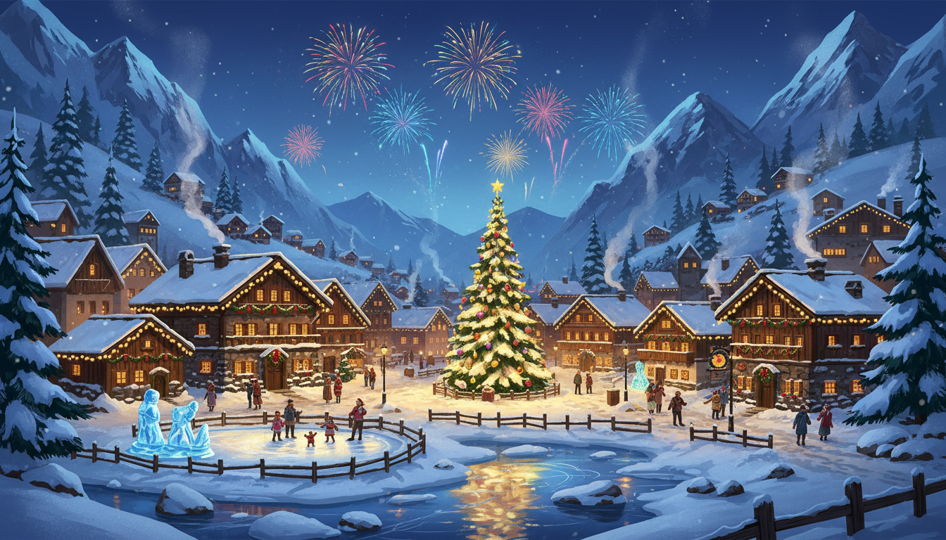 겨울 축제를 위해 환하게 불을 밝힌 그림 같은 알프스 마을, 멀리서 터지는 불꽃놀이와 섬세한 묘사가 돋보이는 디지털 페인팅 겨울 일러스트.
