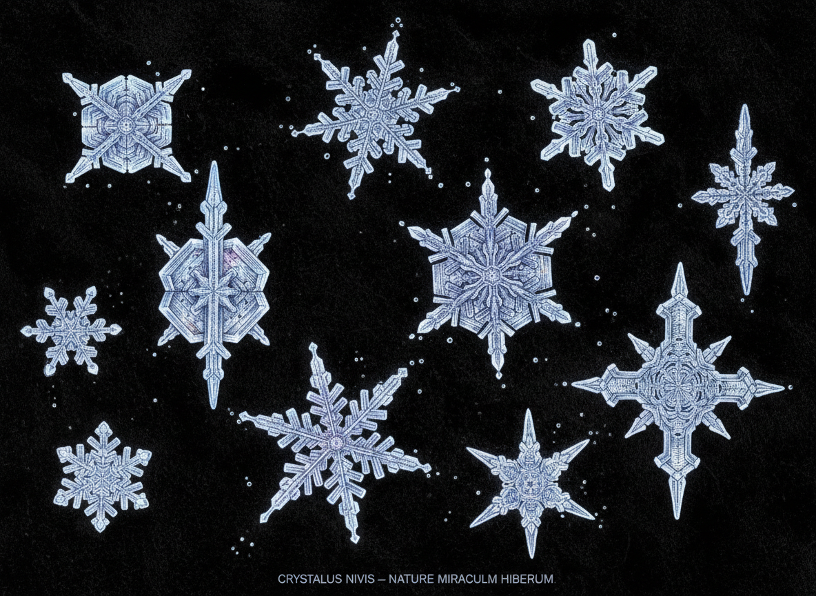어두운 벨벳 배경에 섬세하고 독특한 모양의 눈송이가 떨어지는 매크로 디테일, 과학 일러스트레이션으로 표현된 겨울의 아름다움.