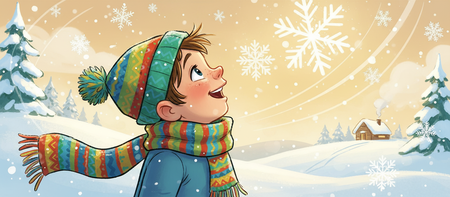 다채로운 스카프와 모자를 쓴 아이가 경이로운 표정으로 눈 내리는 모습을 올려다보는 따뜻한 분위기의 카툰 스타일 겨울 일러스트.