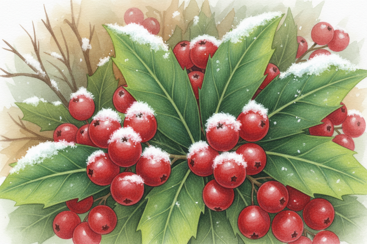 신선한 눈이 살짝 덮인 생생한 빨간 겨울 열매와 푸른 잎사귀 클로즈업 일러스트, 부드러운 배경.