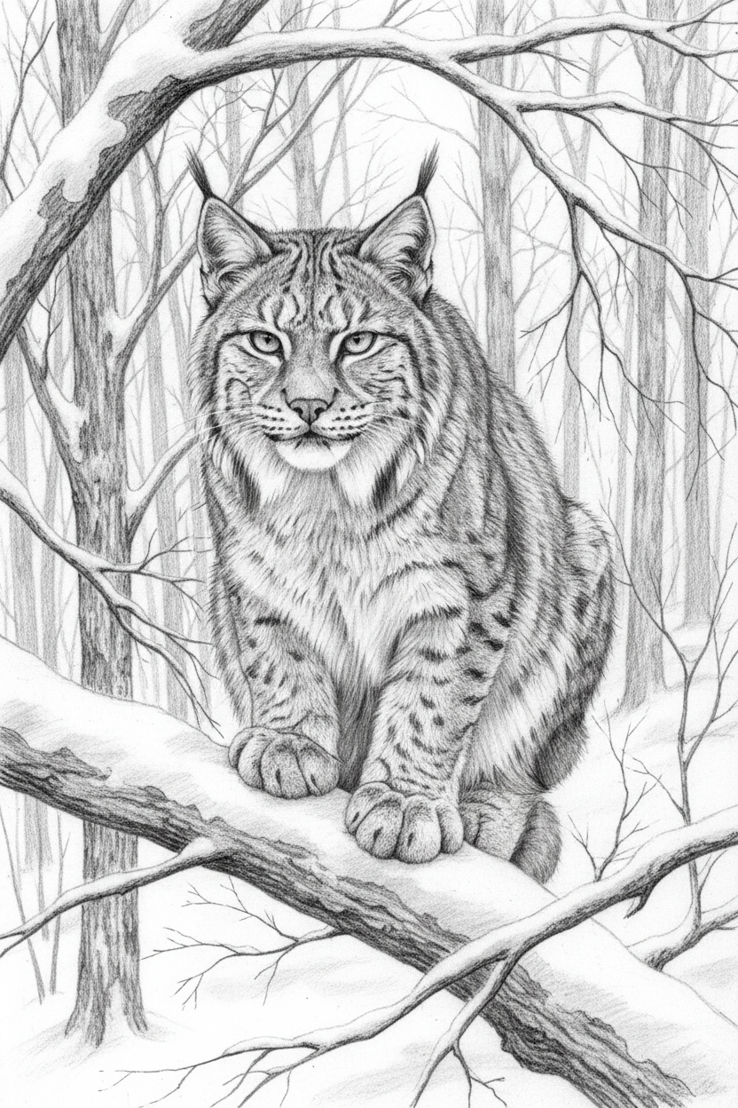 눈 덮인 숲에서 관찰하는 웅장한 야생 고양이의 섬세한 연필 스케치 일러스트.