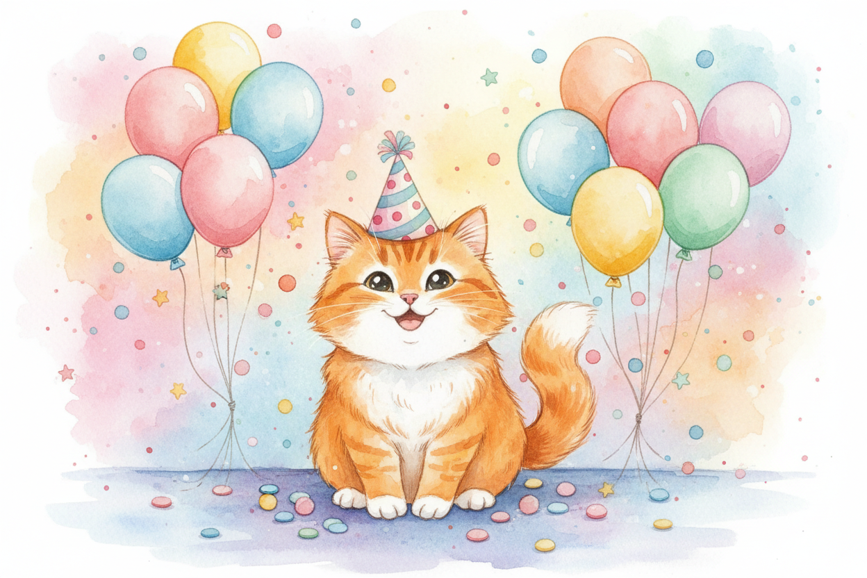 작은 파티 모자를 쓰고 풍선과 색종이 조각에 둘러싸인 고양이의 축제 수채화 일러스트.