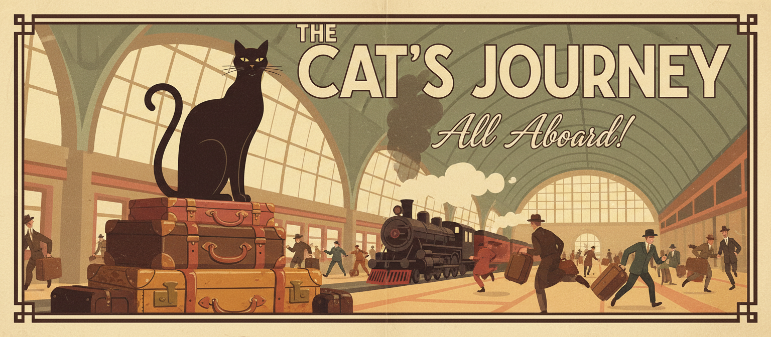기차역 짐 가방 위에 앉아 있는 매끈한 검은 고양이 실루엣의 빈티지 여행 포스터 스타일 일러스트.