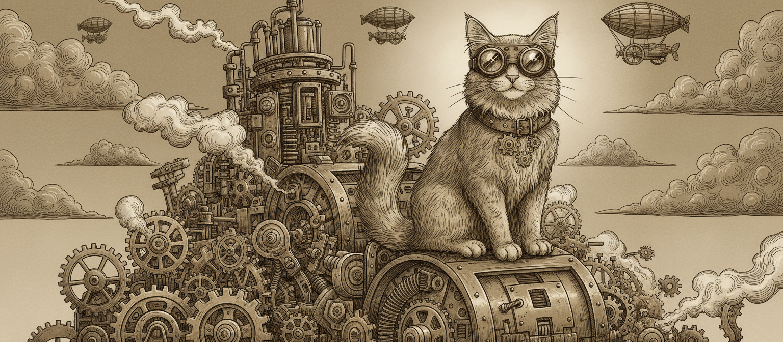 고글과 기어 장식 칼라를 착용한 스팀펑크 고양이가 태엽 장치 위에 앉아 있는 일러스트.