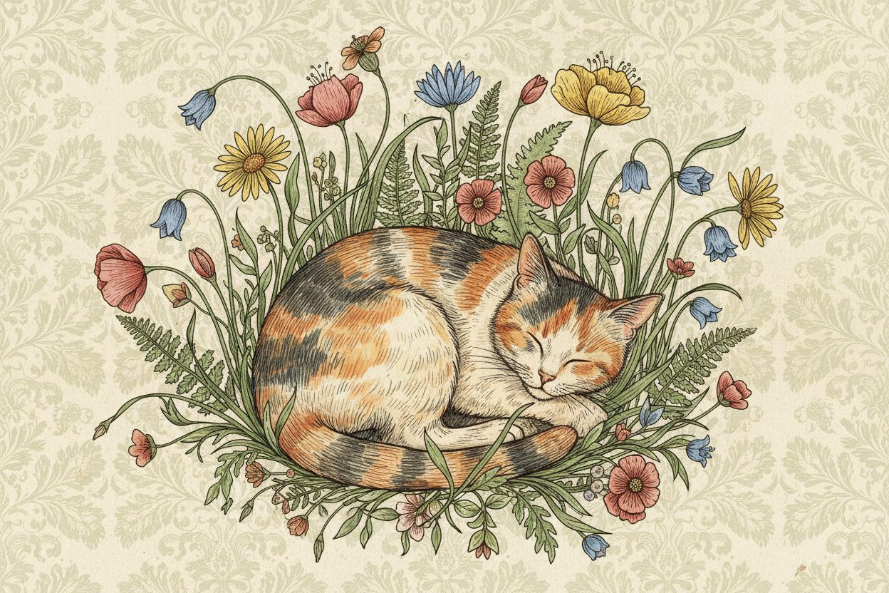 복잡한 꽃무늬와 야생화 사이에서 낮잠 자는 삼색 고양이의 식물학 일러스트 스타일.